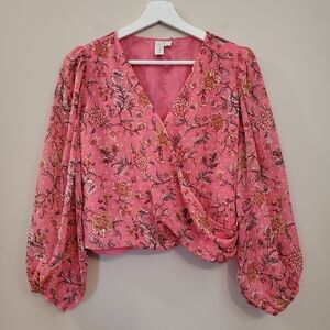 Joie - Pink Floral Puff Sleeve Surplice Wrap Swiss Dot Crop Top - Size L